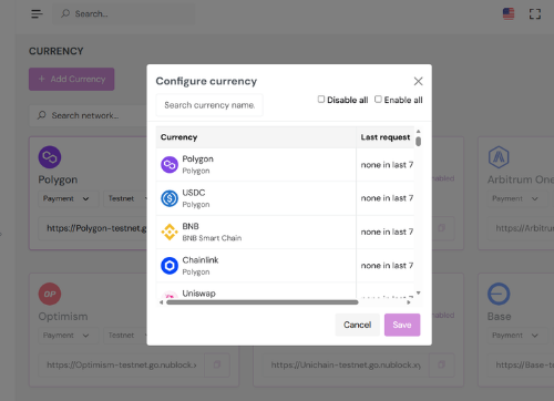 nuBlock business dashboard showing configure currency modal with Polygon, USDC, BNB, Chainlink options for merchants