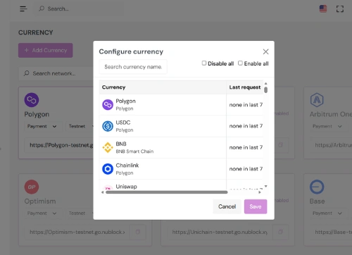 nuBlock business dashboard for B2B solutions nuBlock business dashboard showing configure currency modal with Polygon, USDC, BNB, Chainlink options for merchants - nuBlock B2B solutions