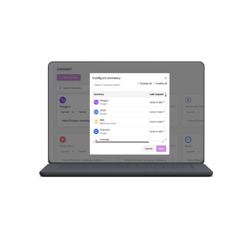 nuBlock dashboard showing currency configuration interface with Polygon, USDC, Bitcoin, and Chainlink options